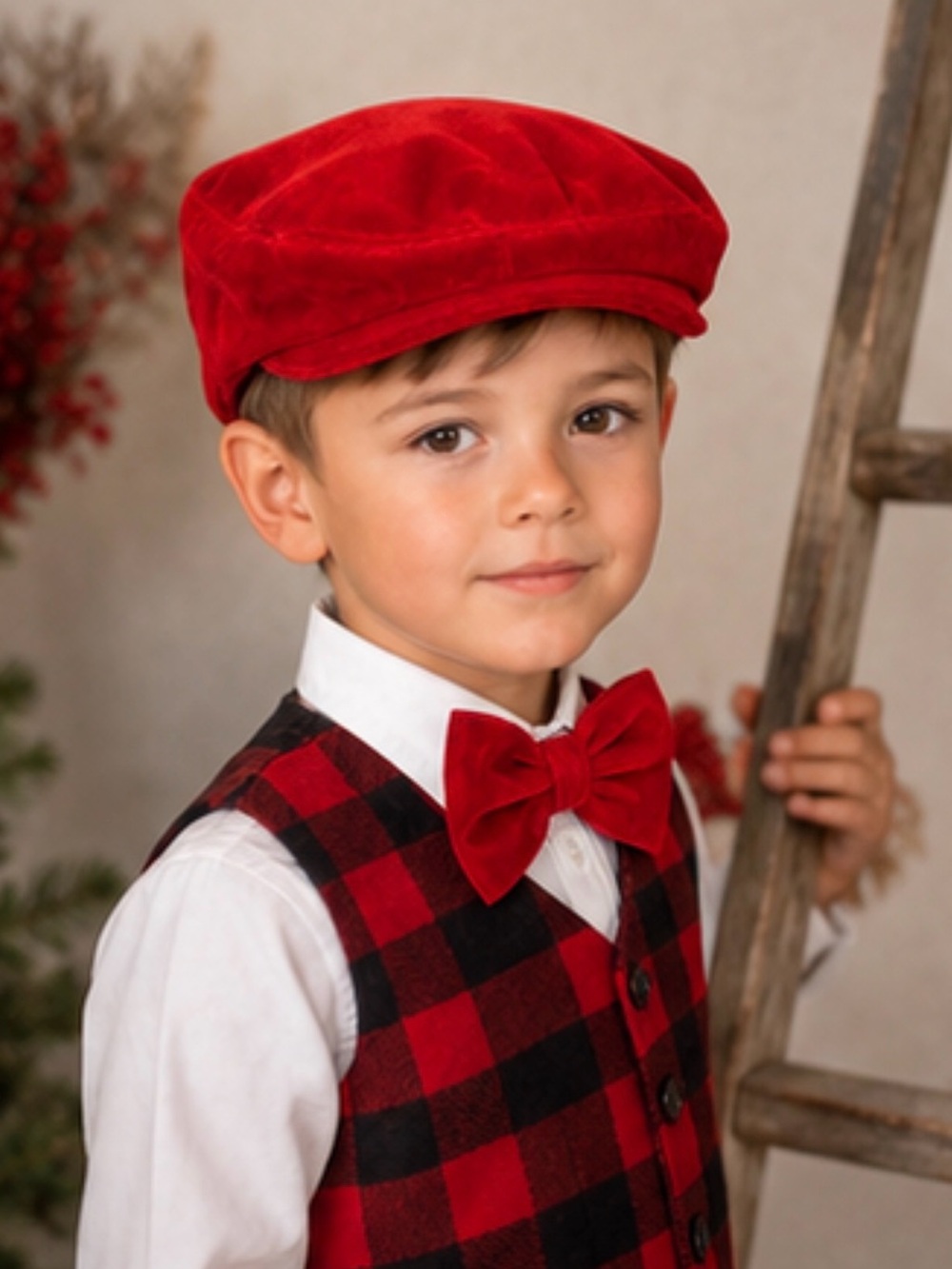 Boys and men Red Velvet Newsboy Hat & Bow Tie Set | Christmas